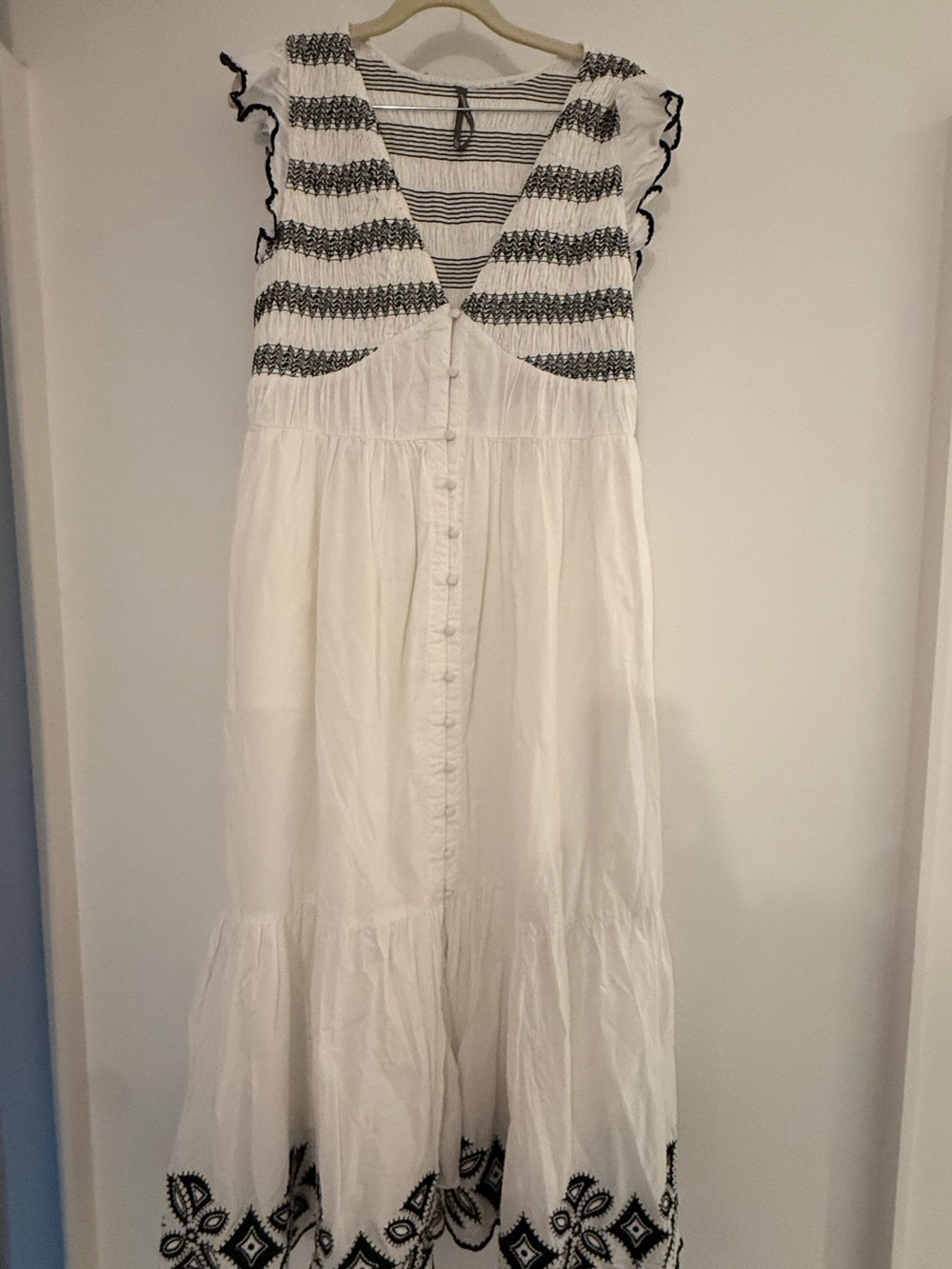 Anthropologie Maxi Dress with Black Embroidery - Button-Front Summer Dress